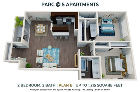 Floor plan for 2 beds, 2 baths, 1215 sqft
